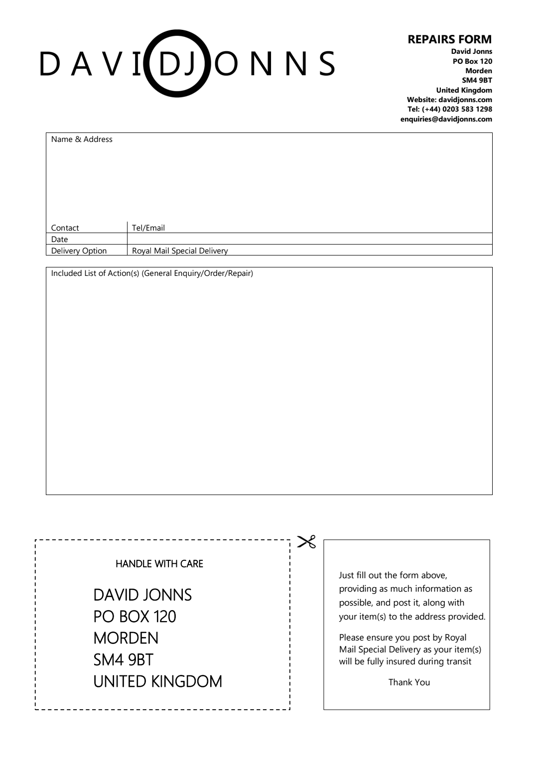 Jewellery Repairs Form