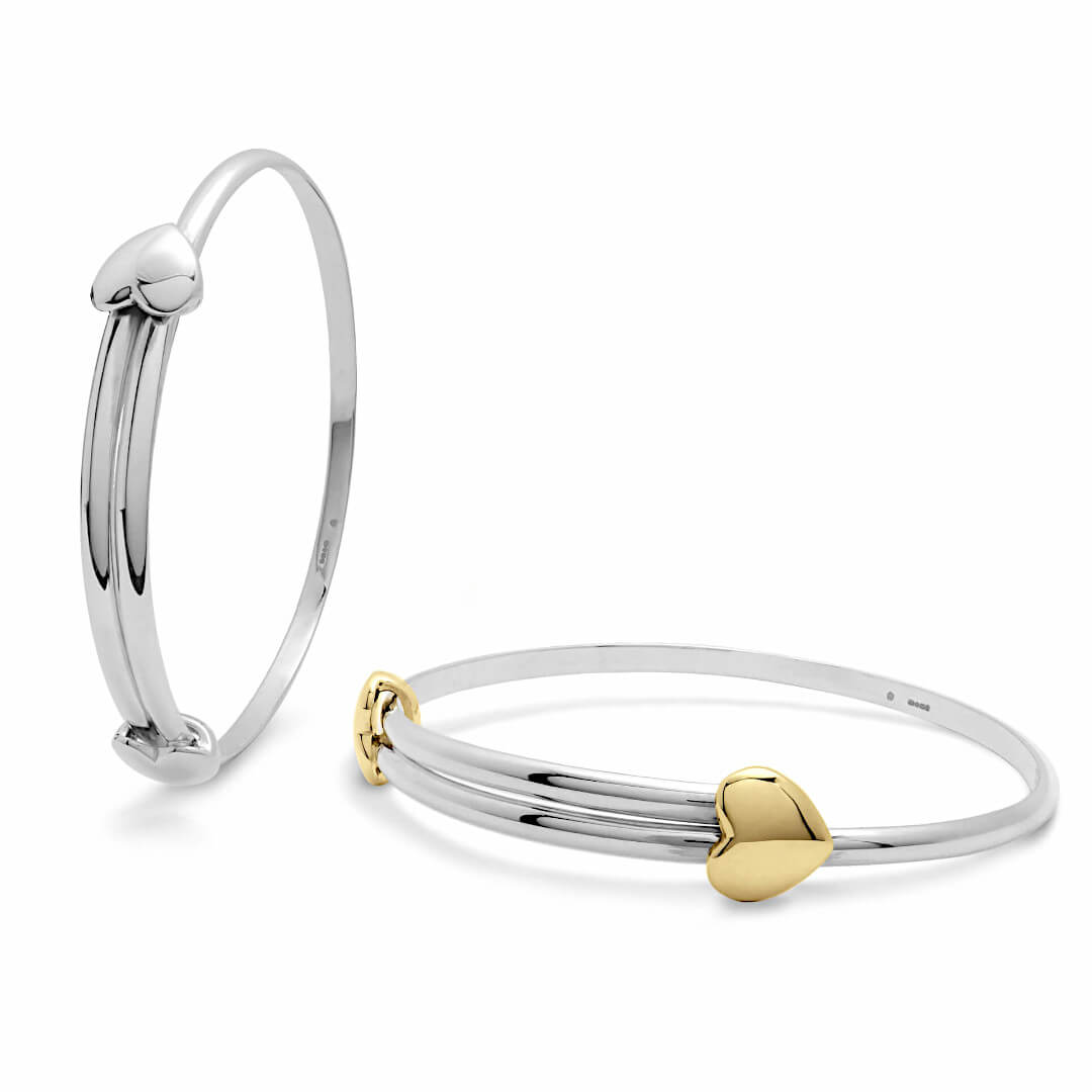 Expanding silver love heart bangles